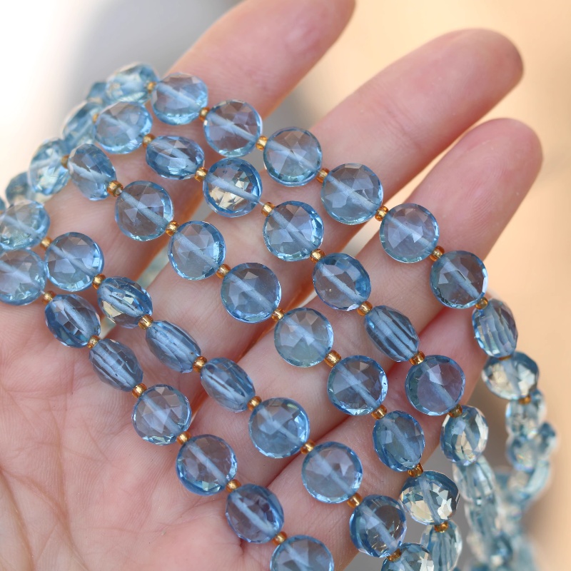 Jewelry Making In London - ลูกปัดหลวม 5 ชิ้น โทแพซสีน้ำเงินลอนดอน ทรงเหลี่ยมแบน ทรงกลม