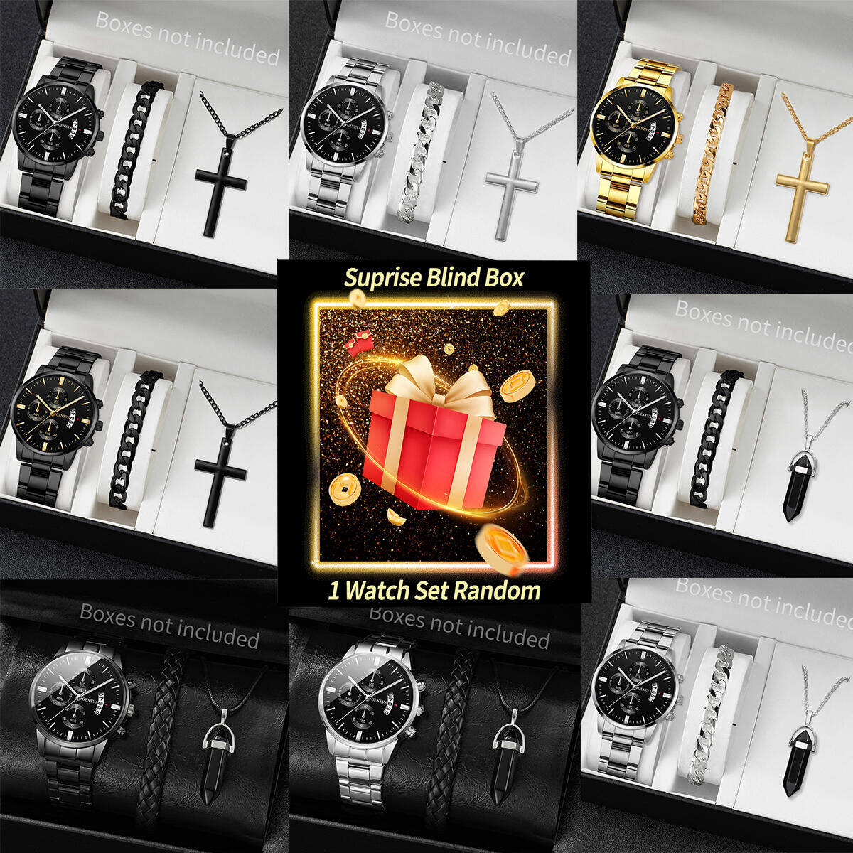 Jewelry Making Kit - นาฬิกาข้อมือเซอร์ไพรส์แบบสุ่ม-ชุด 3 ชิ้น/ชุด นาฬิกาควอตซ์แฟชั่นผู้ชายพร้อมปฏิทิน ชุดเครื่องประดับ Reloj